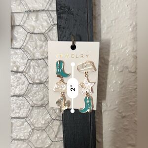 Gold, Turquoise and White Western Earrings With Boots, stars & Cowboy Hats
